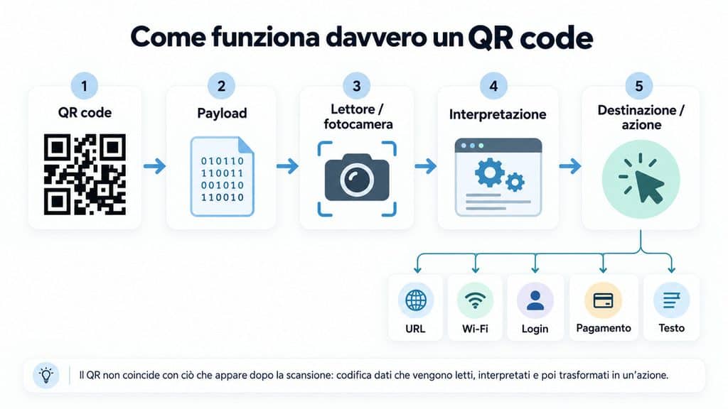 QR code: cos’è, come funziona e come usarlo in sicurezza 1 Diagramma del flusso QR code, payload, lettore, interpretazione e destinazione finale