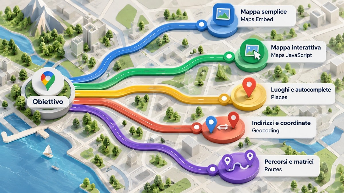 Google Maps API: cos’è, come funziona, chiave API, costi e come usarla 1 Mappa decisionale con cinque percorsi che collegano le esigenze del progetto a Maps Embed, Maps JavaScript, Places, Geocoding e Routes