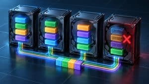 Array RAID con quattro dischi, blocchi di dati distribuiti e un disco guasto
