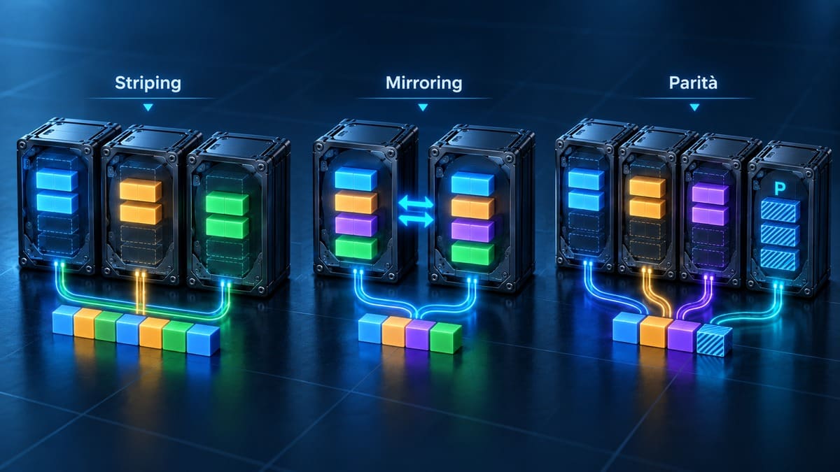 RAID in informatica: cos’è, come funziona e quale livello scegliere 1 Diagramma RAID che confronta striping, mirroring e parità tra più dischi