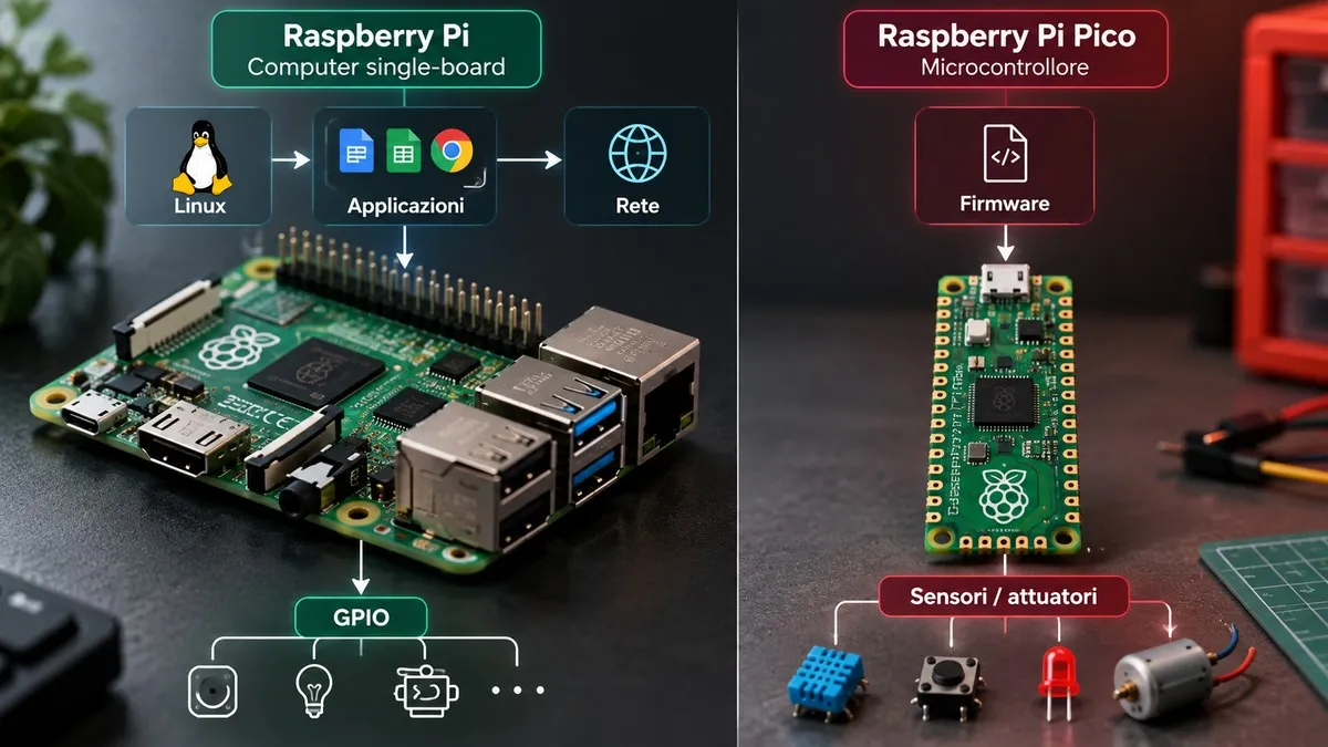 Raspberry Pi: cos’è, come funziona, a cosa serve e quale modello scegliere 1 Confronto tra Raspberry Pi con Linux e Raspberry Pi Pico con firmware per sensori e attuatori