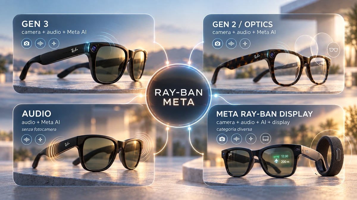 Ray-Ban Meta: come funzionano gli occhiali AI e quale modello scegliere 1 Schema della gamma Ray-Ban Meta con Gen 3, Gen 2 Optics, Audio e Meta Ray-Ban Display