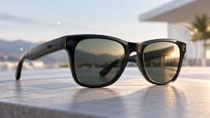 Occhiali smart con fotocamera e audio integrati, visual editoriale dedicato ai Ray-Ban Meta