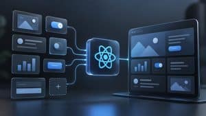 Rappresentazione di React che combina componenti modulari per costruire un'interfaccia utente