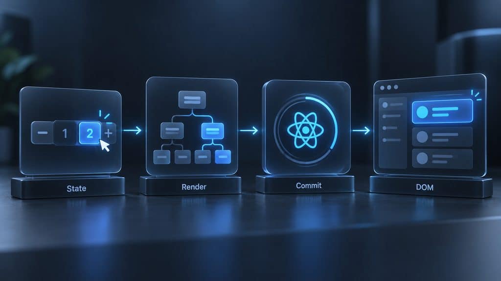 React: cos’è, come funziona, a cosa serve e quando usare React JS 1 Schema del processo React dallo state update al render, commit e aggiornamento del DOM