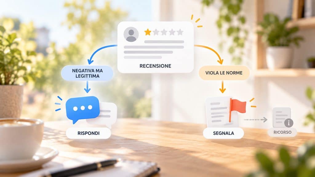 Recensioni Google: come funzionano, come ottenerle e gestirle 1 Schema che distingue una recensione negativa legittima da una recensione che viola le norme Google
