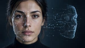 Volto analizzato da un sistema di riconoscimento facciale con rappresentazione biometrica digitale