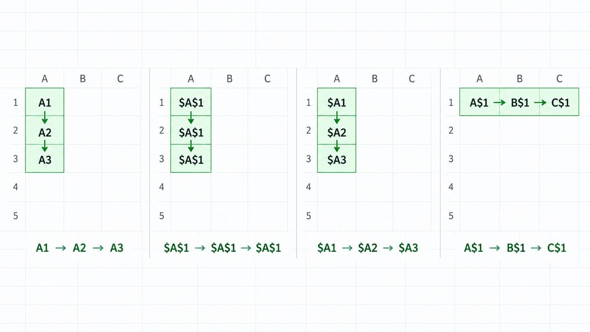 Formule Excel: come funzionano, esempi e funzioni più utili 1 Schema dei riferimenti A1, $A$1, $A1 e A$1 quando una formula Excel viene copiata