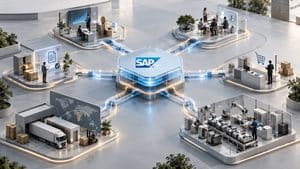 Rappresentazione di SAP come sistema centrale che collega finance, vendite, produzione, supply chain e altri processi aziendali
