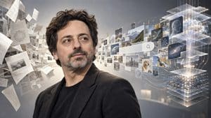 Sergey Brin circondato da una struttura visiva di documenti, collegamenti e dati che richiama ricerca Web e intelligenza artificiale