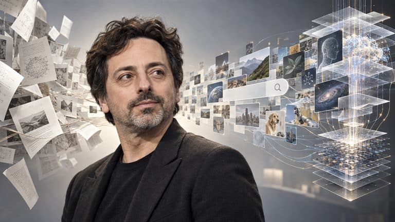 Sergey Brin circondato da una struttura visiva di documenti, collegamenti e dati che richiama ricerca Web e intelligenza artificiale