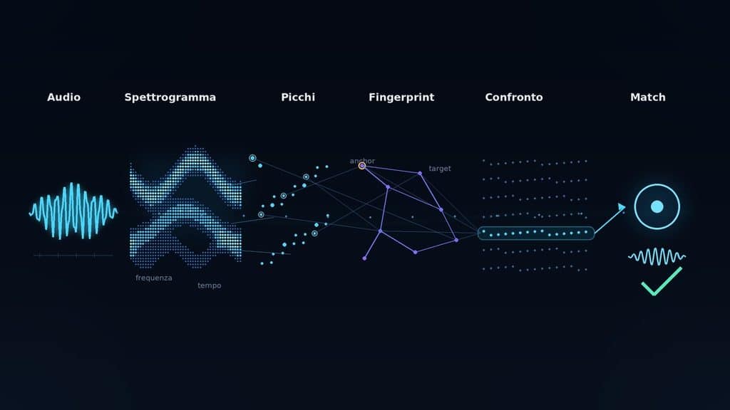Shazam: cos’è, come funziona e come riconoscere le canzoni da app e web 1 Diagramma del processo da audio e spettrogramma a fingerprint e corrispondenza musicale