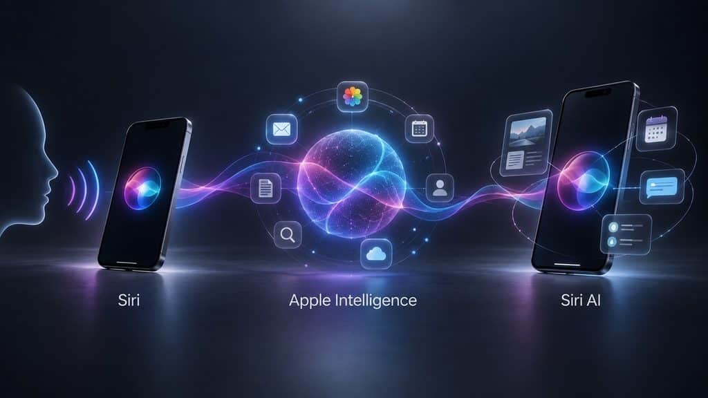 Siri: cos’è, come funziona, come attivarla e cosa può fare 1 Schema che distingue Siri, Apple Intelligence e Siri AI mostrando il rapporto tra assistente, sistema di intelligenza e nuova esperienza conversazionale