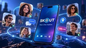 Skout rappresentato come piattaforma per chat, incontri, social discovery e Live