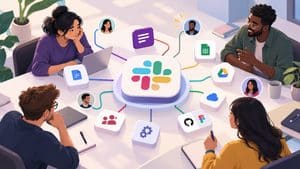 Slack rappresentato come workspace che collega canali, conversazioni, file e integrazioni
