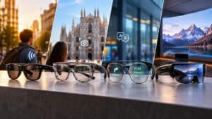 Quattro tipologie di smart glasses per audio, fotocamera, display HUD e schermo virtuale