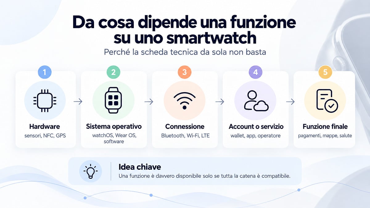 Smartwatch: cos’è, come funziona e come scegliere quello giusto 1 Schema della catena hardware, sistema operativo, connessione e servizi necessaria per rendere disponibile una funzione su smartwatch