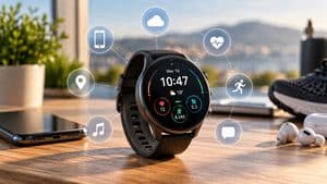 Smartwatch collegato visivamente a smartphone, cloud, salute, posizione, sport, musica e messaggi