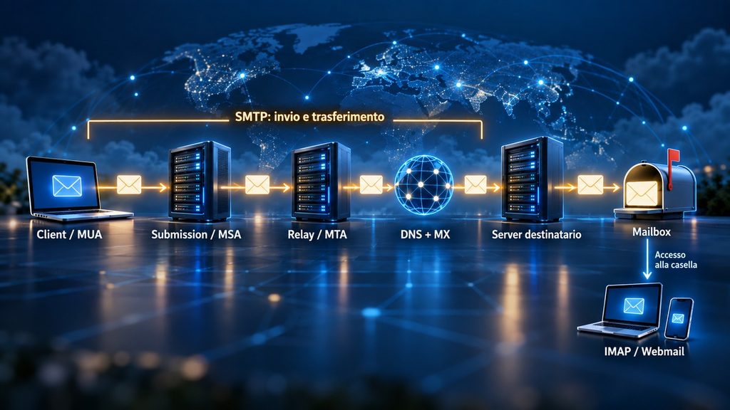 SMTP: cos’è, come funziona e cosa fa un server SMTP 1 Percorso di un’email dal client attraverso MSA, MTA, DNS e MX fino alla mailbox