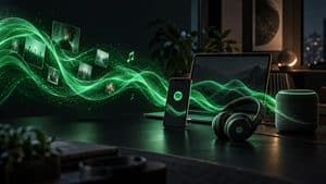 Home 9 Rappresentazione di Spotify con flusso musicale tra smartphone, cuffie, computer e speaker