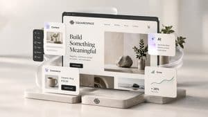 Rappresentazione editoriale di Squarespace come piattaforma integrata per siti web, contenuti, ecommerce e strumenti AI
