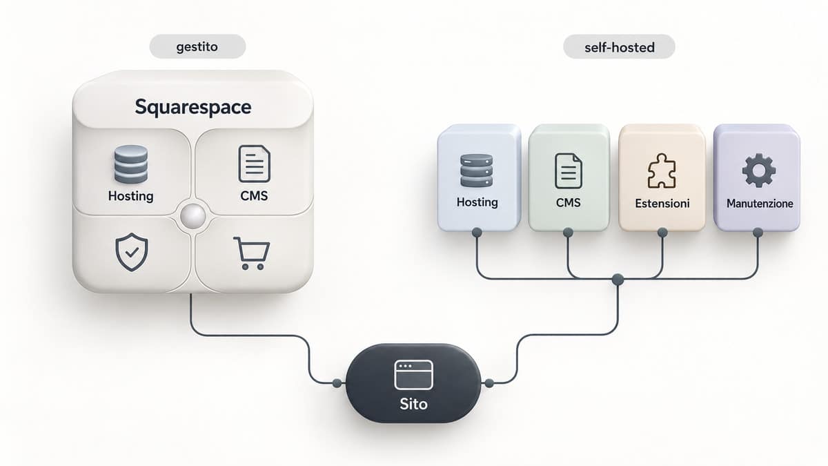Squarespace: cos’è, come funziona, prezzi, pro e contro e quando conviene 1 Diagramma che confronta Squarespace come piattaforma gestita con uno stack self-hosted composto da hosting, CMS, estensioni e manutenzione