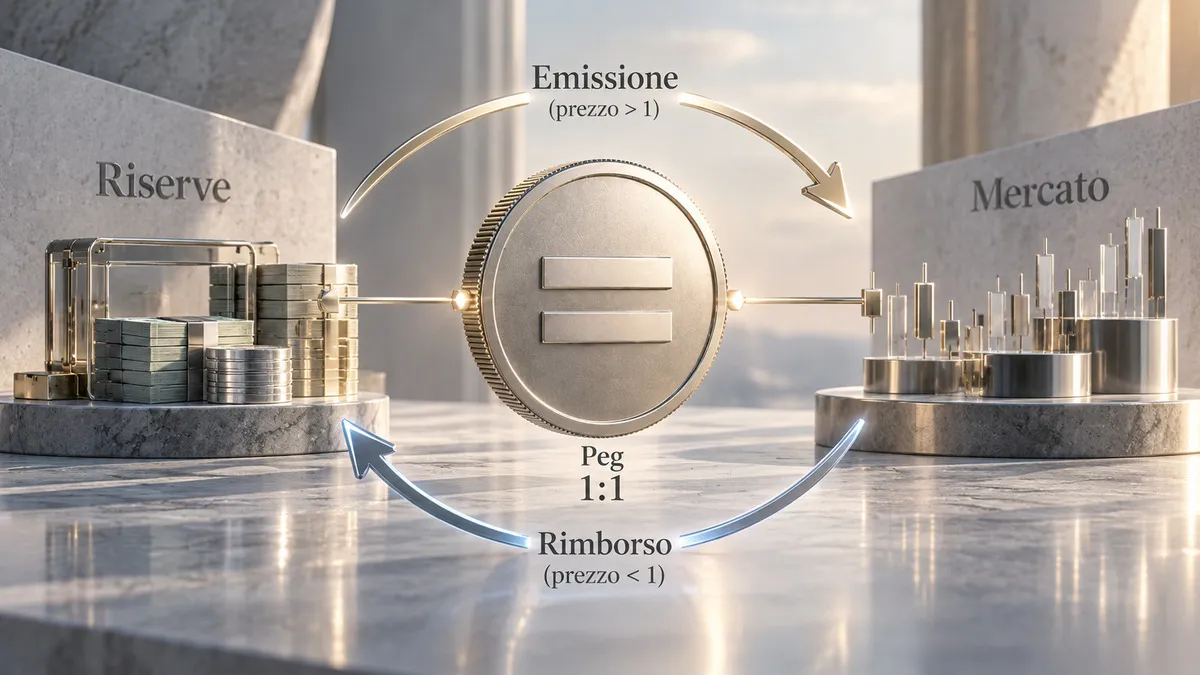 Stablecoin: cosa sono, come funzionano, tipi, rischi e MiCA 1 Schema visuale del peg di una stablecoin con riserve, emissione, rimborso e arbitraggio