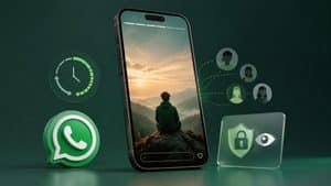 Stato WhatsApp visualizzato su smartphone con indicatori di privacy e pubblico