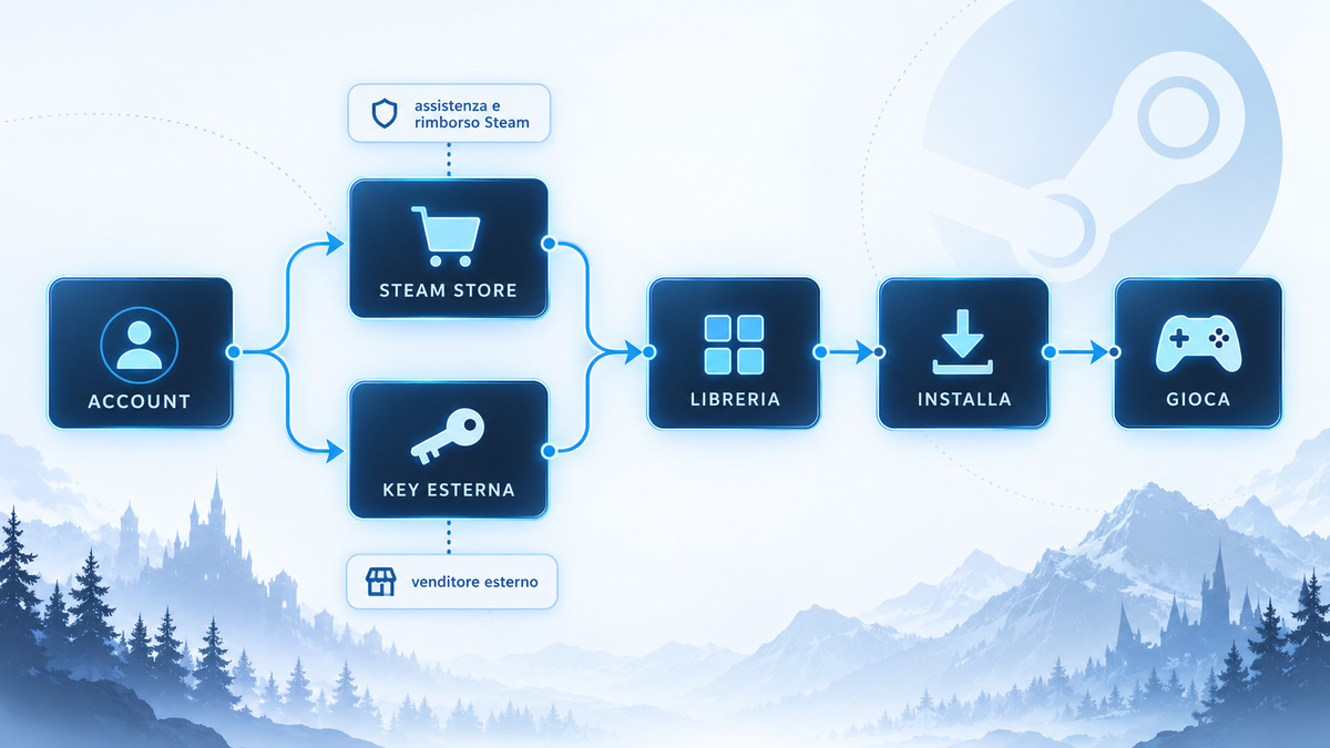 Steam: cos’è, come funziona e cosa sapere prima di comprare giochi 1 Schema del funzionamento di Steam da account e acquisto tramite Store o key fino a Libreria, installazione e gioco