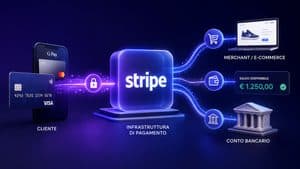 Diagramma 3D del flusso di pagamento Stripe dal cliente all’ecommerce, saldo e conto bancario