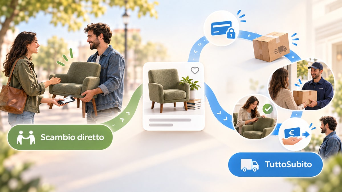 Subito: come funziona per comprare e vendere, costi, TuttoSubito e sicurezza 1 Diagramma dei due percorsi su Subito: scambio diretto e acquisto con TuttoSubito