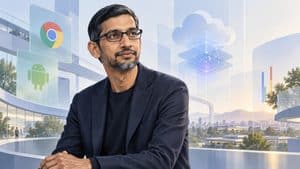 Ritratto editoriale di Sundar Pichai in un ambiente tecnologico che richiama Google e Alphabet