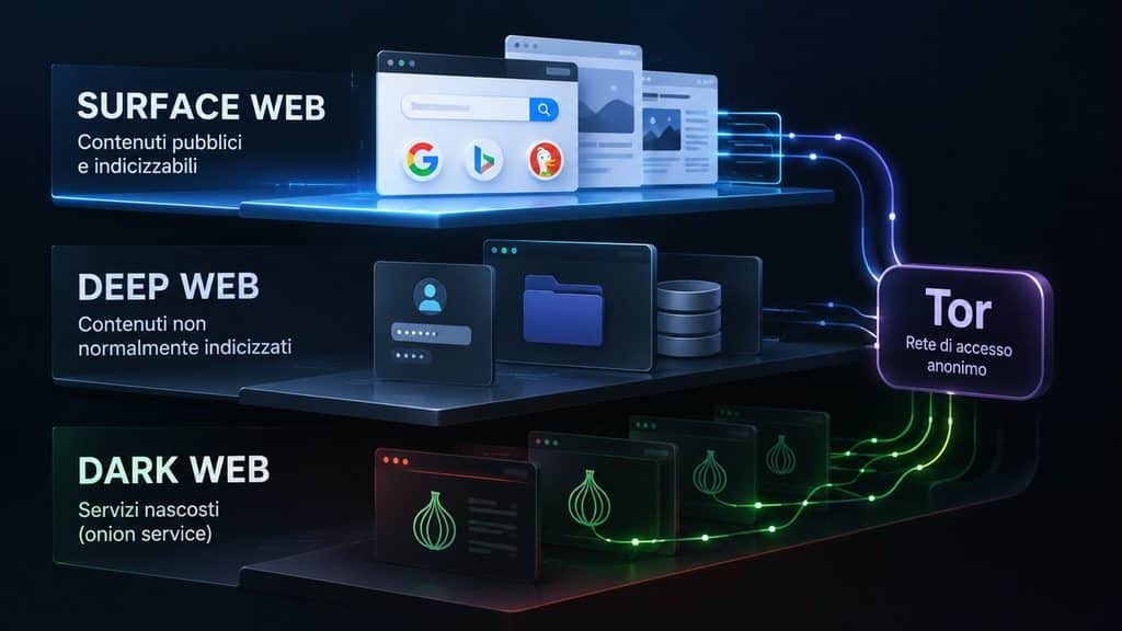 Dark Web: cos’è, come accedere, cosa si trova e quali rischi comporta 1 Schema delle differenze tra Surface Web, Deep Web e Dark Web con Tor come rete di accesso agli onion service