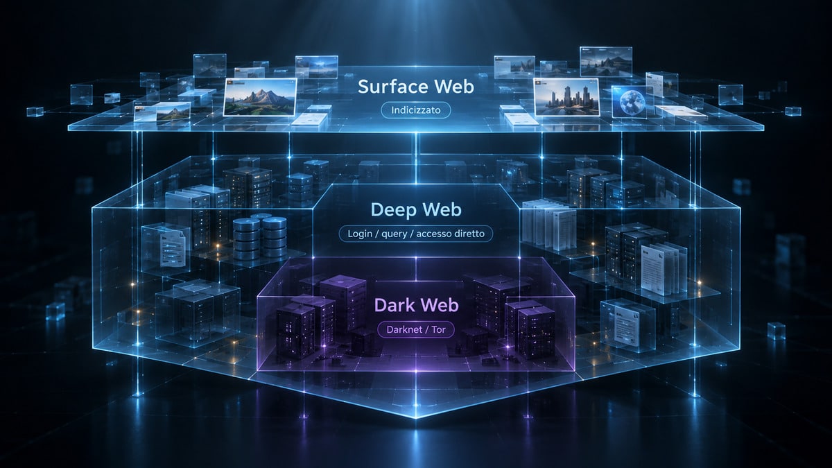 Deep Web: cos’è, come si accede, cosa si trova e differenze con il Dark Web 1 Diagramma della relazione tra Surface Web indicizzato, Deep Web non indicizzato e Dark Web accessibile tramite darknet e Tor