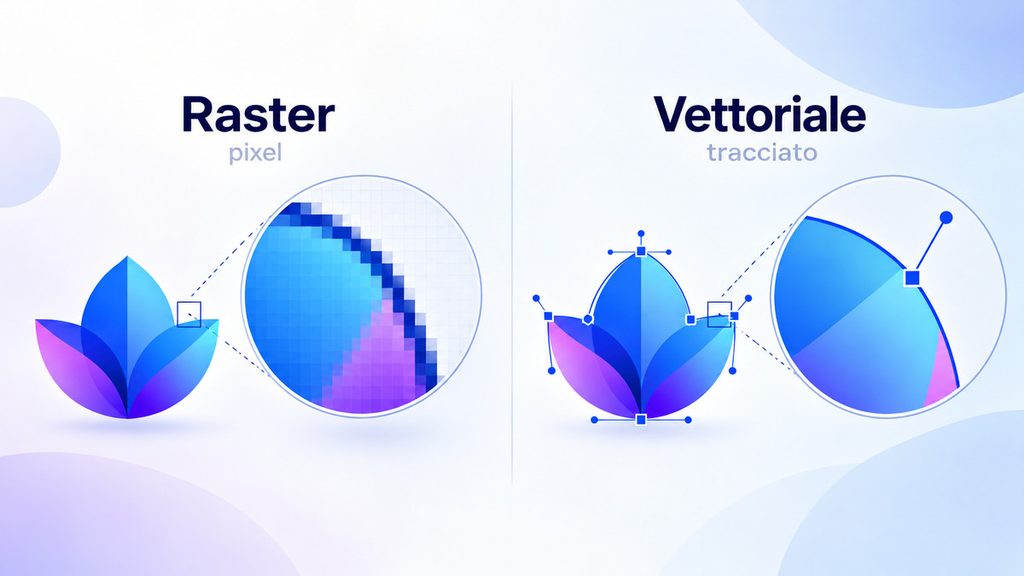 File SVG: cos’è, come funziona e quando conviene usarlo 1 Confronto tra un'immagine raster ingrandita con pixel visibili e una forma vettoriale come svg con tracciato e nodi