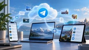 Telegram rappresentato come sistema cloud che collega chat e più dispositivi