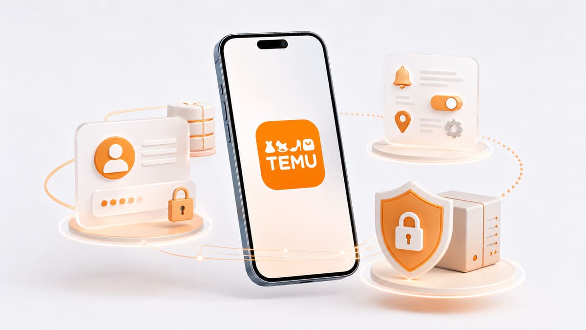 Temu app: come funziona, download, sicurezza e differenze con il sito 2 Smartphone con simboli di privacy, autorizzazioni e sicurezza collegati alla Temu app