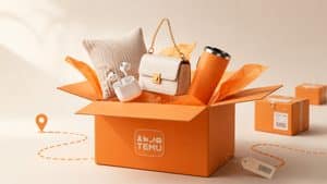 Pacco ecommerce con diversi prodotti che rappresenta gli acquisti sul marketplace Temu