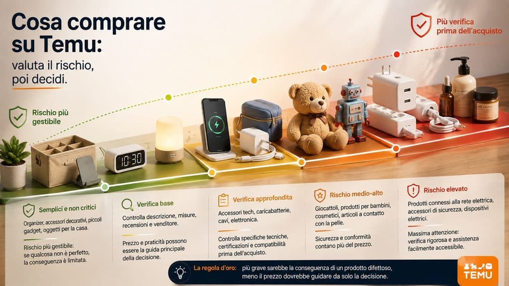 Temu: cos’è, come funziona, è affidabile e come comprare in Italia 2 Confronto visivo tra prodotti semplici e categorie che richiedono maggiori verifiche prima di acquistare su Temu