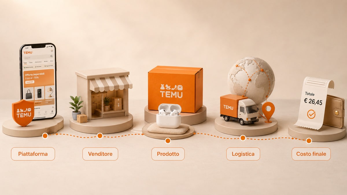 Temu: cos’è, come funziona, è affidabile e come comprare in Italia 1 Diagramma con piattaforma, venditore, prodotto, logistica e costo finale di un acquisto su Temu
