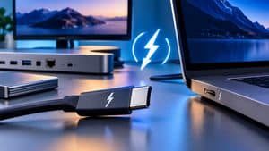 Home 9 Cavo USB-C con simbolo Thunderbolt accanto a laptop, dock e unità esterna