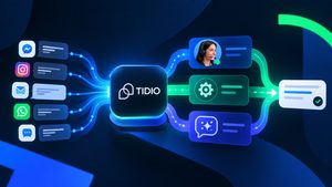 Home 9 Rappresentazione di Tidio che coordina live chat, automazioni AI e assistenza umana