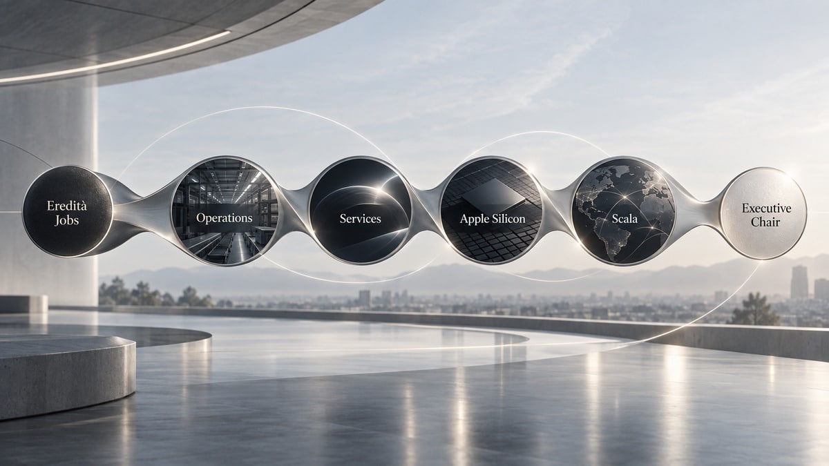 Tim Cook: chi è l’ex CEO di Apple, carriera, patrimonio e cosa fa oggi 1 Diagramma delle principali trasformazioni di Apple durante la leadership di Tim Cook, dalle operations ai servizi e ad Apple Silicon