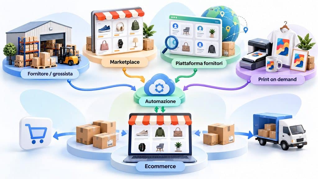 Fornitori dropshipping in Italia: come trovarli, valutarli e scegliere quelli giusti 1 Fornitori dropshipping collegati a un ecommerce con magazzini, prodotti e spedizione al cliente