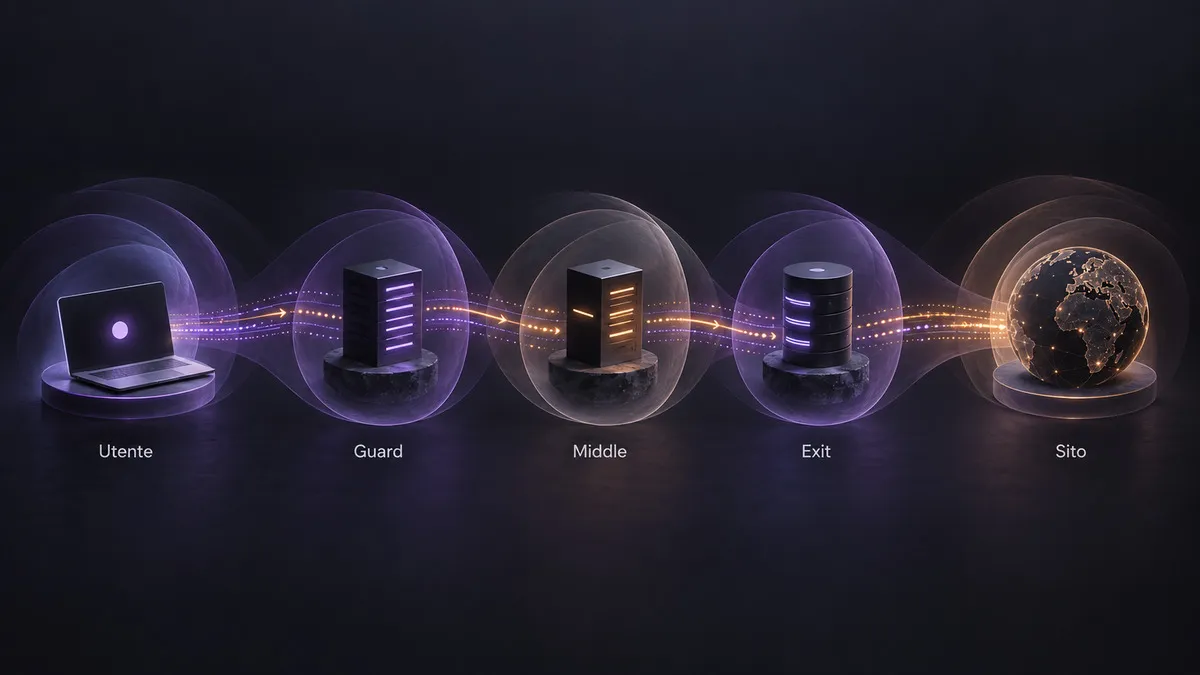 Tor: cos’è, come funziona Tor Browser e quanto protegge davvero l’anonimato 1 Diagramma del circuito da utente a sito attraverso guard, middle ed exit relay