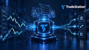 Home 8 Rappresentazione editoriale dell'ecosistema TradeStation tra dati di mercato, strategia e broker