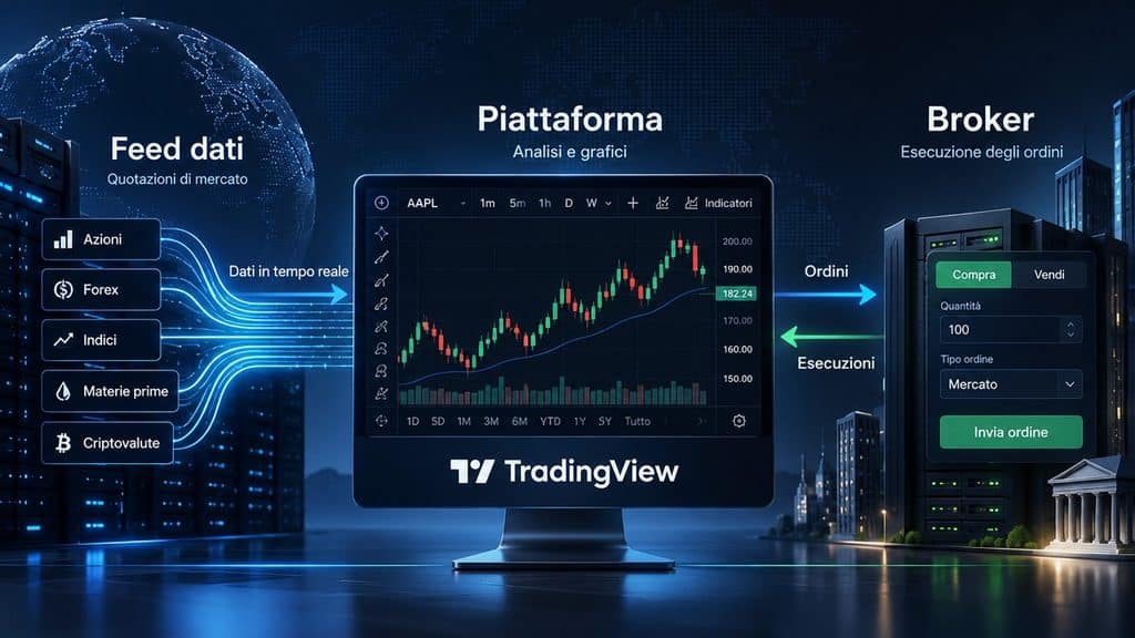 TradingView: cos’è, come funziona, prezzi, grafici e alternative 1 Schema del rapporto tra feed dati di mercato, piattaforma TradingView e broker