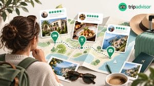 Rappresentazione di Tripadvisor con recensioni, hotel, ristorante e elementi di pianificazione del viaggio