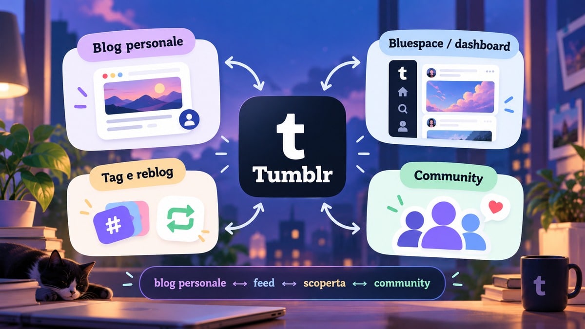Tumblr: cos’è, come funziona, a cosa serve e come usarlo 1 Schema di Tumblr con blog personale, Bluespace e dashboard, tag, reblog e community