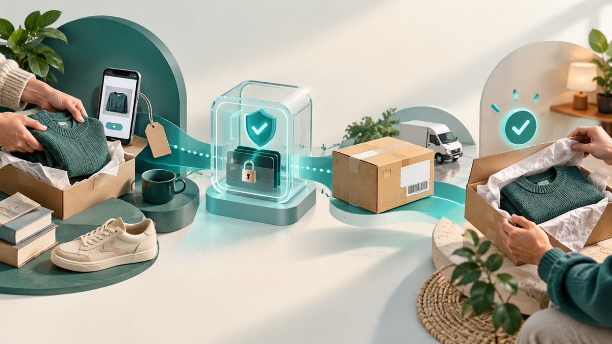 Vinted: cos’è, come funziona, costi, sicurezza e come comprare o vendere 1 Scena che mostra il passaggio di un articolo dal venditore al pagamento, alla spedizione e alla verifica dell’acquirente su Vinted